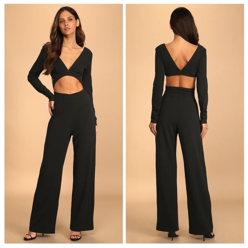 LULU’S Sophisticated Nights Black Cutout Long Sleeve Jumpsuit